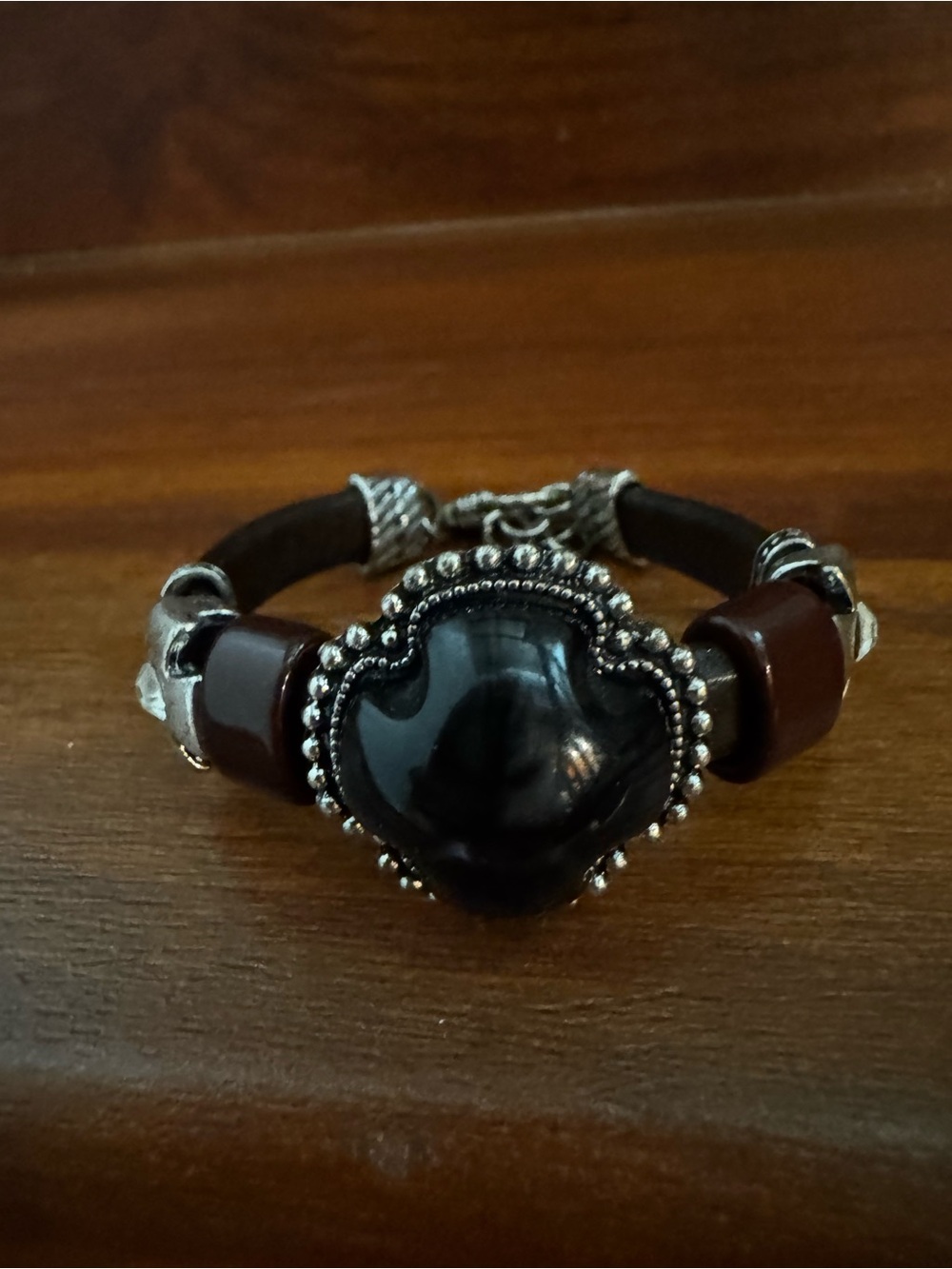 Vintage Black Heart Bracelet with Brown Accents